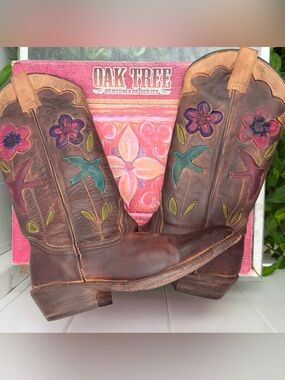 Oak Tree Farms Western Boots Bird Flower Custom Handmade Leather Teak 7.5 OOAK
